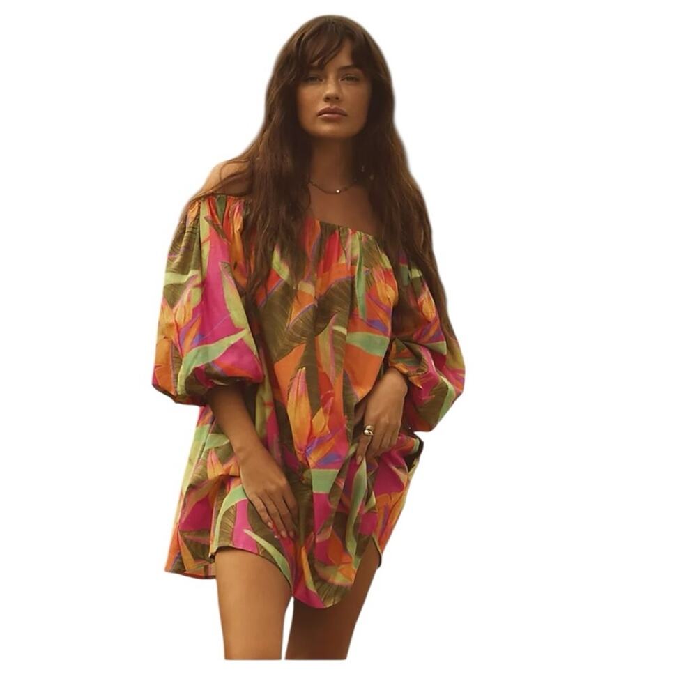 Farm Rio small tropical cover up mini dress off shoulder corset back